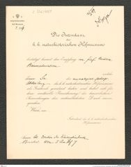 k.k. naturhistorisches Hofmuseum, Intendanzakten 1885-1896 (Hauer), Aktenzahl Z.356/1889, Seite 1